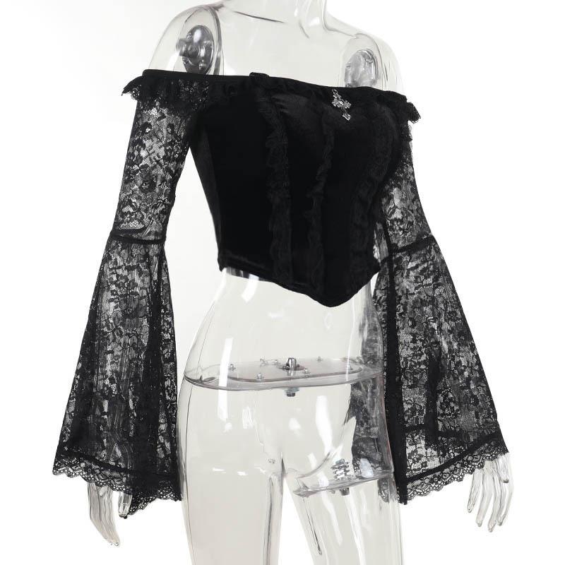 Long flared off shoulder lace cross applique top