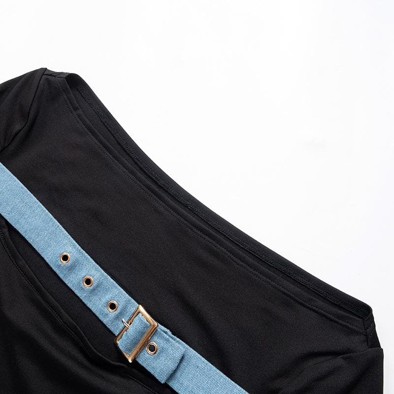 Long sleeve off shoulder buckle hollow out contrast cut out top