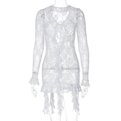 Long flared sleeve ruffle lace see through mini dress  | red tango dress