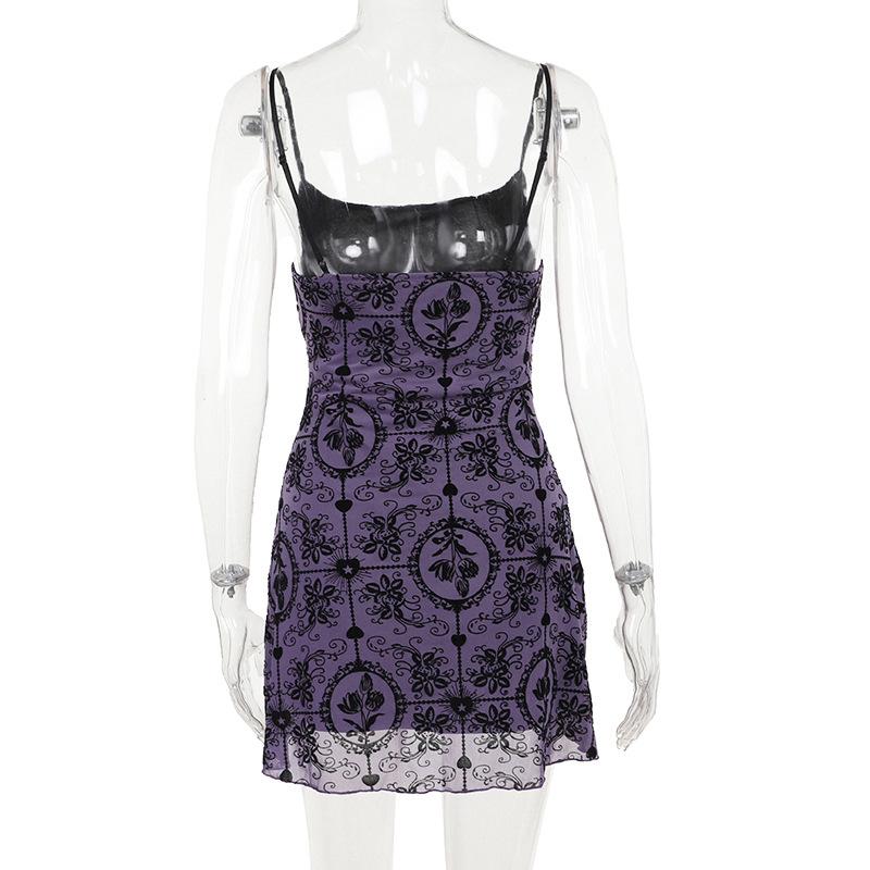 U neck velvet print mesh ruffle cami mini dress