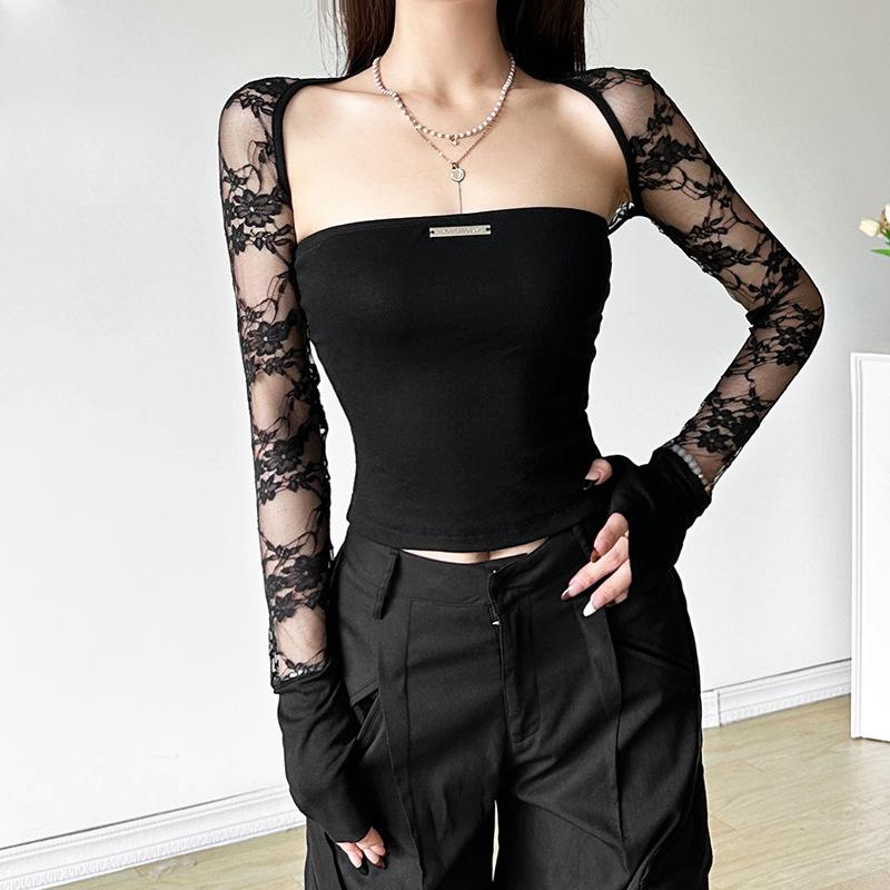 Lace long sleeve gloves metal tag shrug 2 piece top