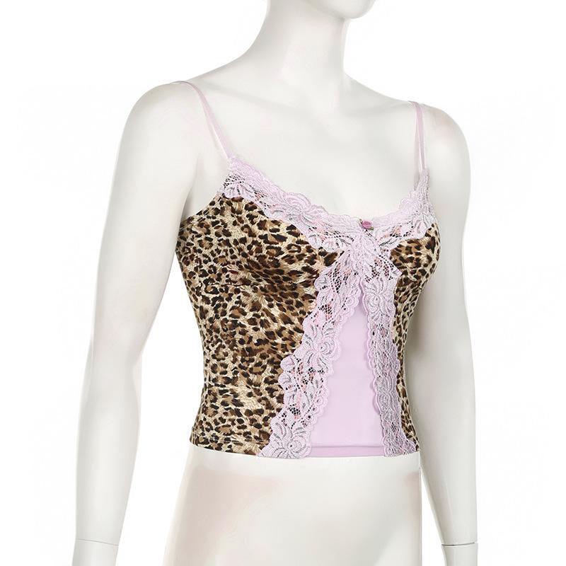 Leopard print lace hem patchwork cami top