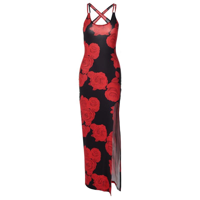 Rose print u neck slit cross back cami maxi dress  | red tango dress