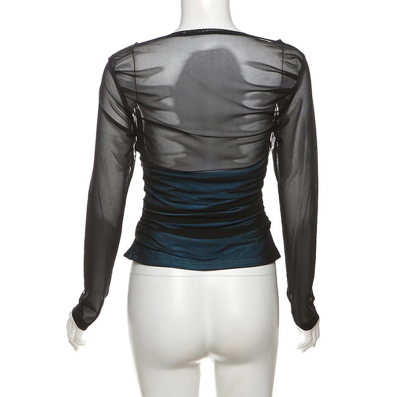Long sleeve ruched mesh patchwork top
