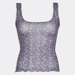 Square neck ruffle sheer mesh flower print tan tank top