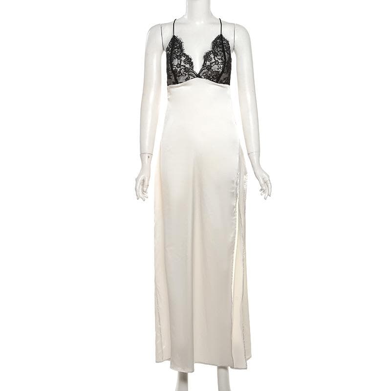 Lace zip-up backless high slit cami maxi dress