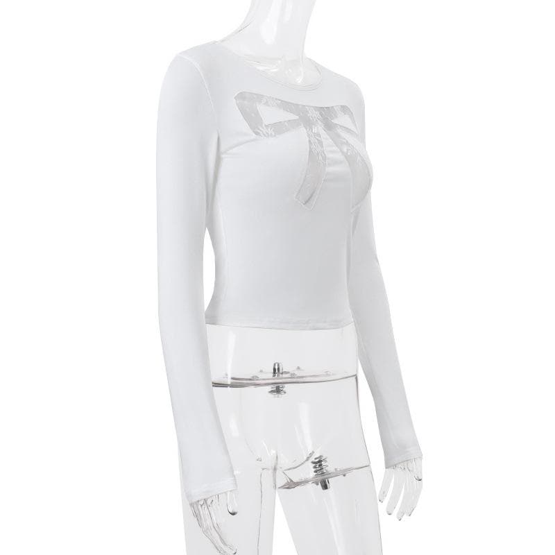 Long sleeve bowknot pattern lace mesh patchwork crewneck top