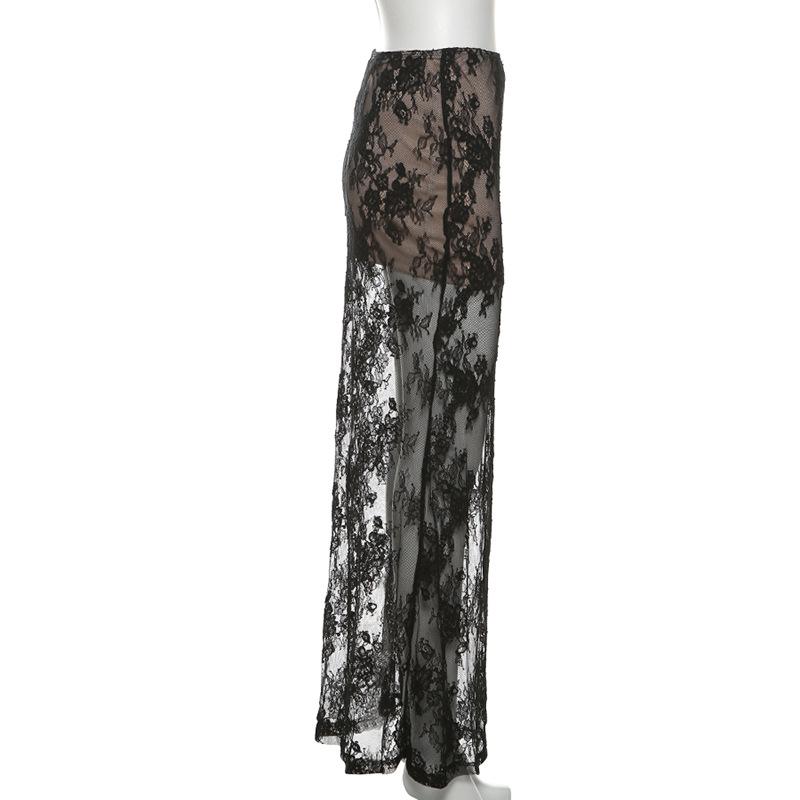 Lace mesh patchwork maxi skirt