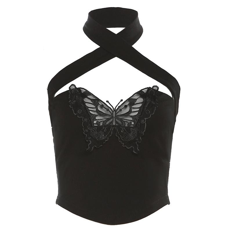 Halter cross front butterfly embroidery crop top
