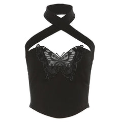 Halter cross front butterfly embroidery crop top