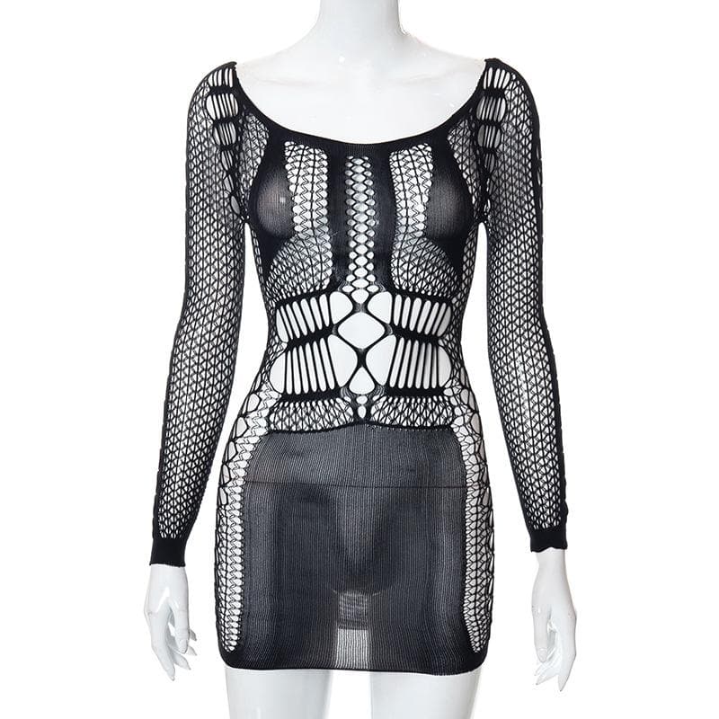 Fishnet long sleeve hollow out see through mini dress  | red tango dress
