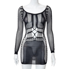 Fishnet long sleeve hollow out see through mini dress  | red tango dress
