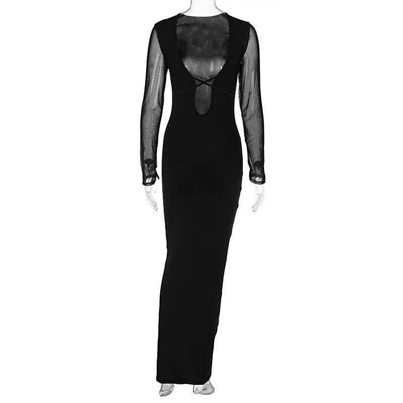Mesh patchwork solid low cut long sleeve cross front maxi dress  | black rave dress  | black rave dress