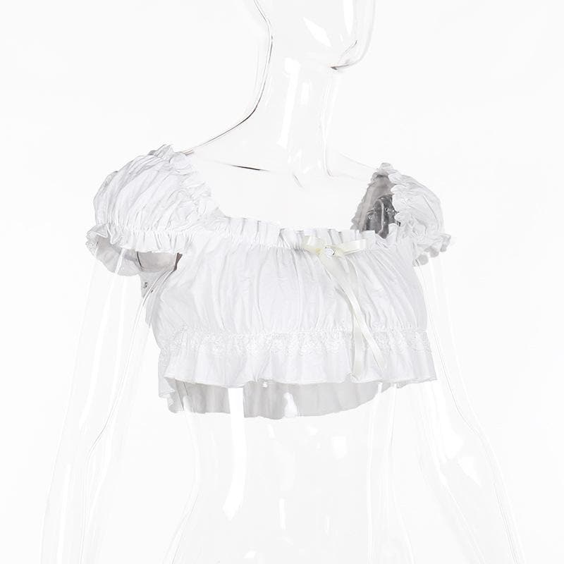 Short puff sleeve ruched ruffle bowknot crop top