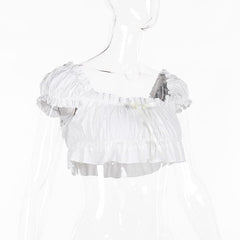 Short puff sleeve ruched ruffle bowknot crop top
