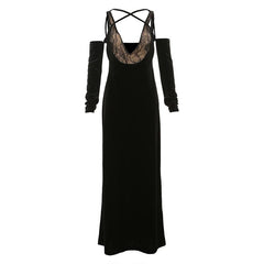 Off shoulder v neck velvet lace hem cami maxi dress