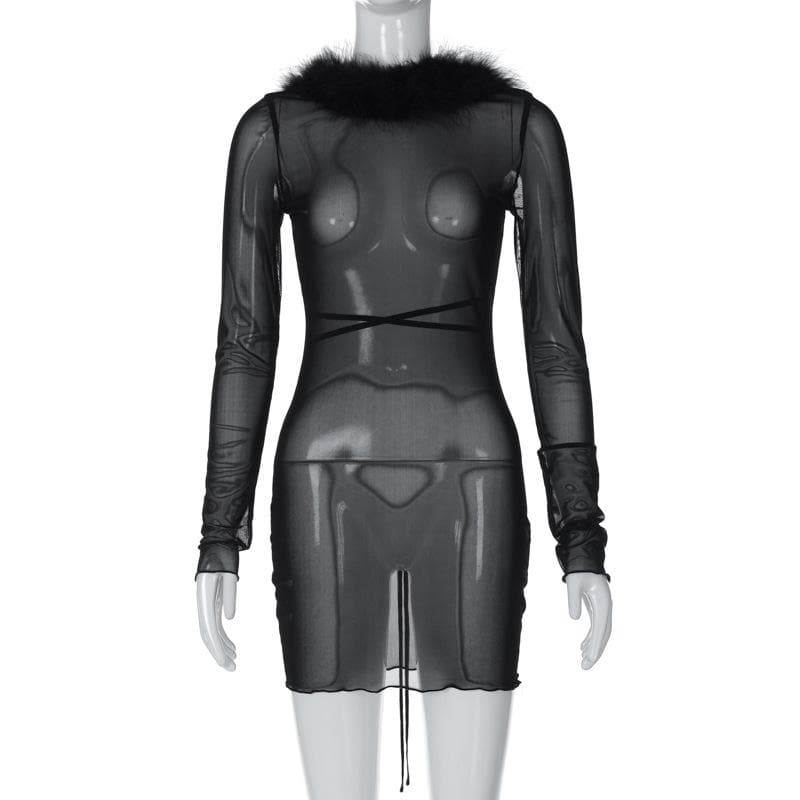 Long sleeve sheer mesh feather ruffle backless mini dress  | samba dress