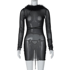 Long sleeve sheer mesh feather ruffle backless mini dress  | samba dress