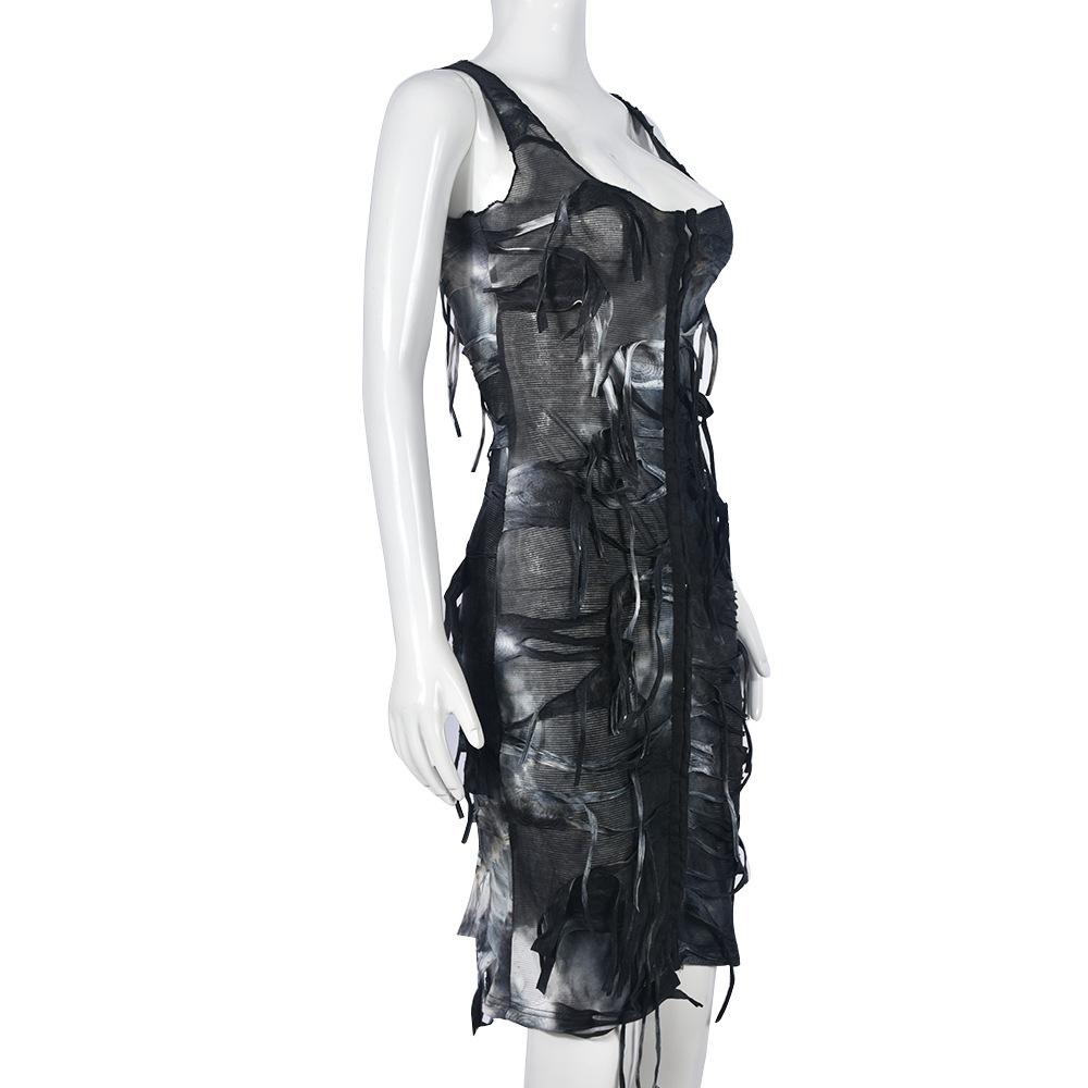 Tie dye button tassels square neck tank midi dress
