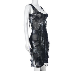 Tie dye button tassels square neck tank midi dress