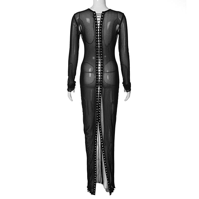Long sleeve solid crewneck sheer mesh maxi dress  | samba dress