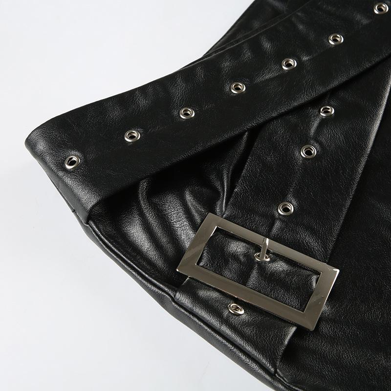 PU leather cross front buckle mini skirt