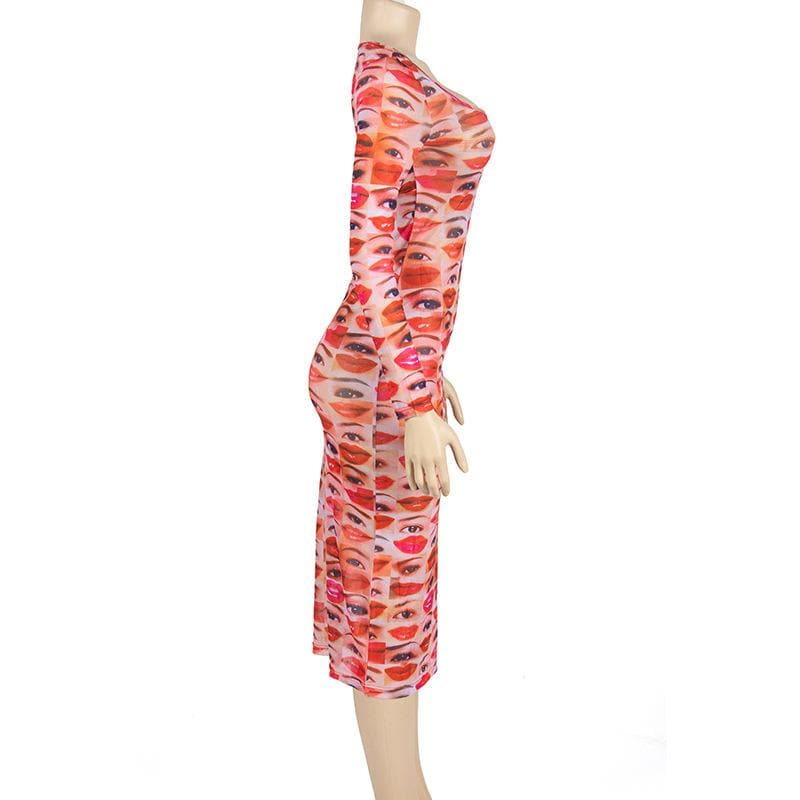 Long sleeve abstract u neck sheer mesh contrast midi dress  | samba dress
