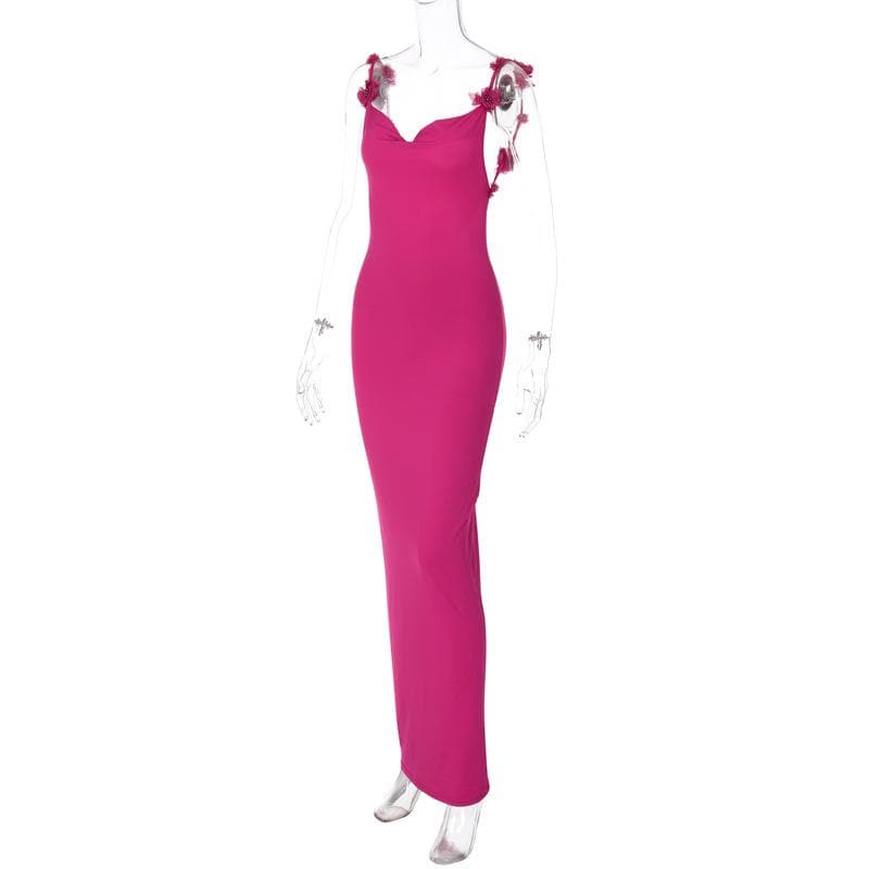 Flower applique cowl neck backless solid maxi dress  | red tango dress
