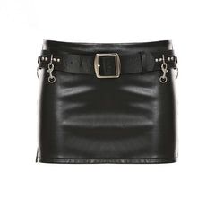 PU leather belt buckle mini skirt