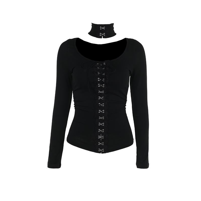 Halter long sleeve button self tie top