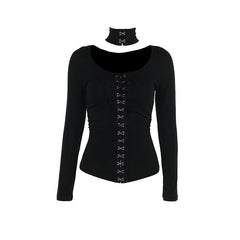Halter long sleeve button self tie top