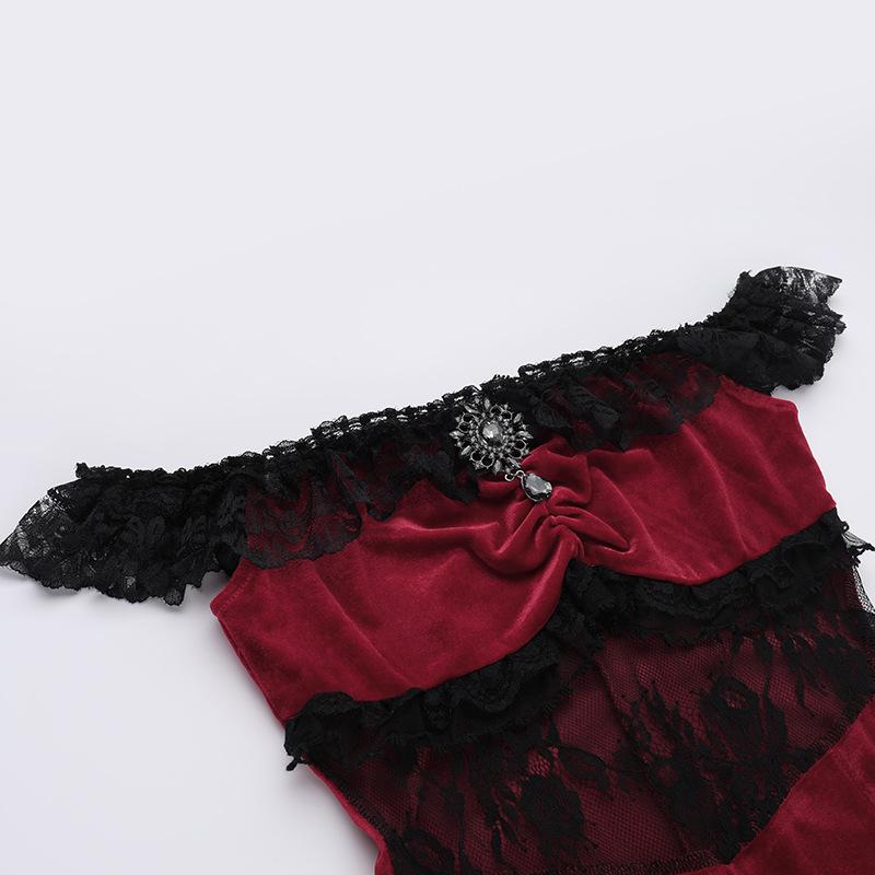 Off shoulder lace hem slit velvet metal applique ruched maxi dress  | red tango dress