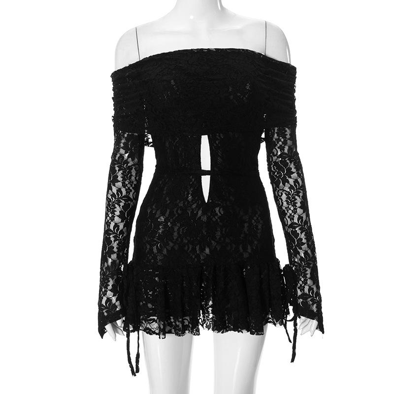 Long sleeve off shoulder lace self tie hollow out mini dress
