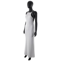 Ribbed halter self tie solid backless sleeveless maxi dress
