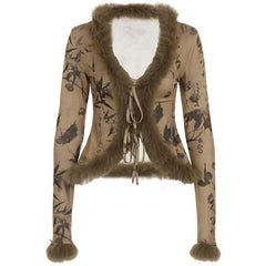 Long sleeve fluffy self tie print top