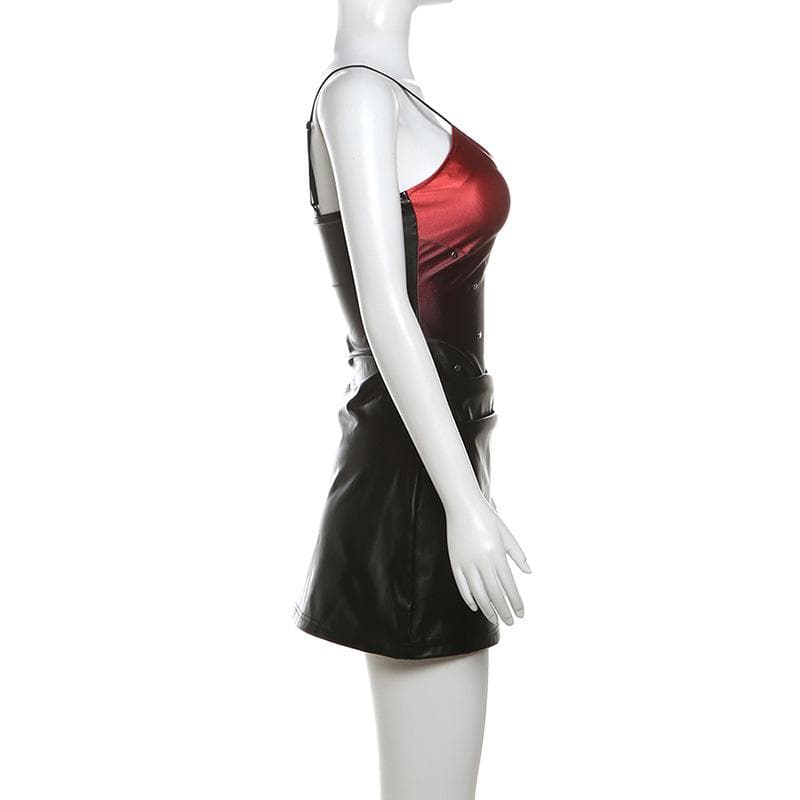 PU leather gradient ruched backless cami mini dress
