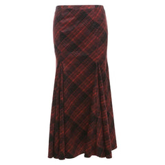 Plaid zip-up ruffle maxi skirt