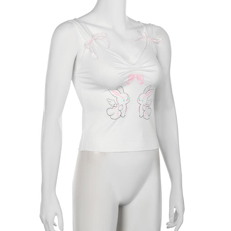 Bowknot rabbit print ruched v neck cami top