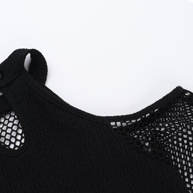Off shoulder long sleeve fishnet patchwork buckle top