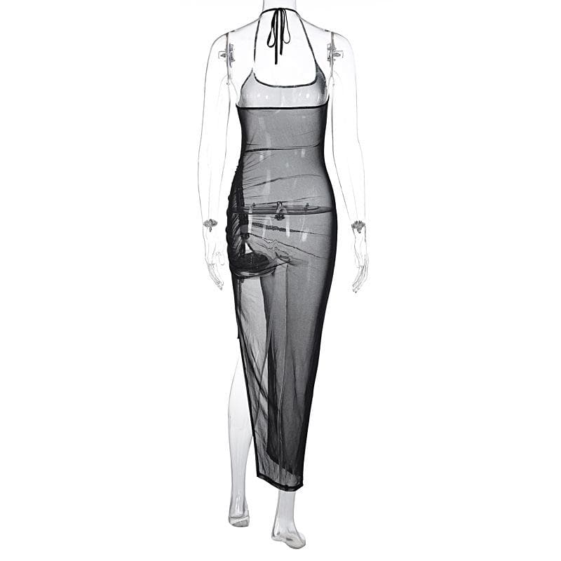 Halter drawstring sheer mesh see through slit backless maxi dress  | samba dress