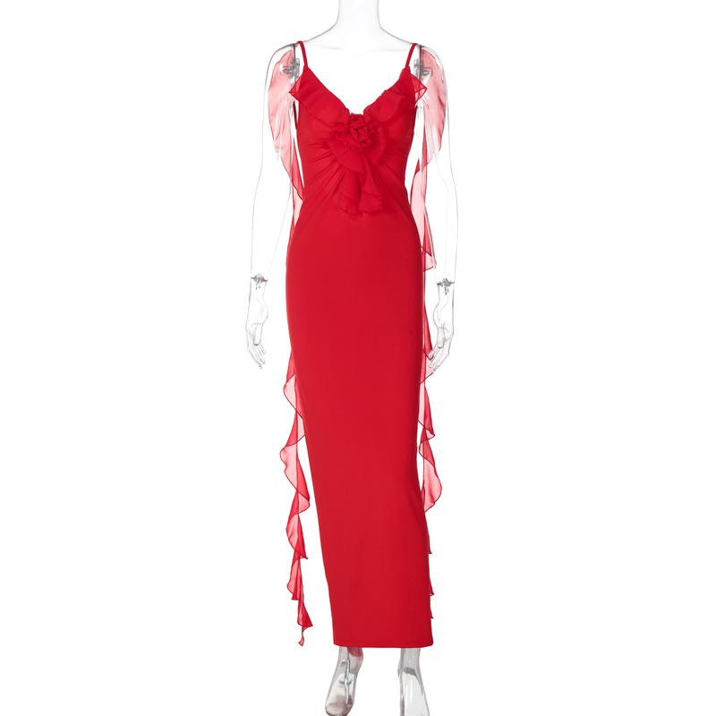 Flower applique ruffle ruched backless cami maxi dress  | red tango dress