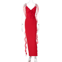 Flower applique ruffle ruched backless cami maxi dress  | red tango dress