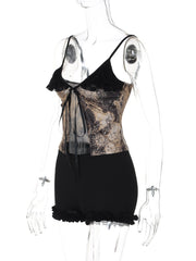V neck lace hem print self tie cami pant set