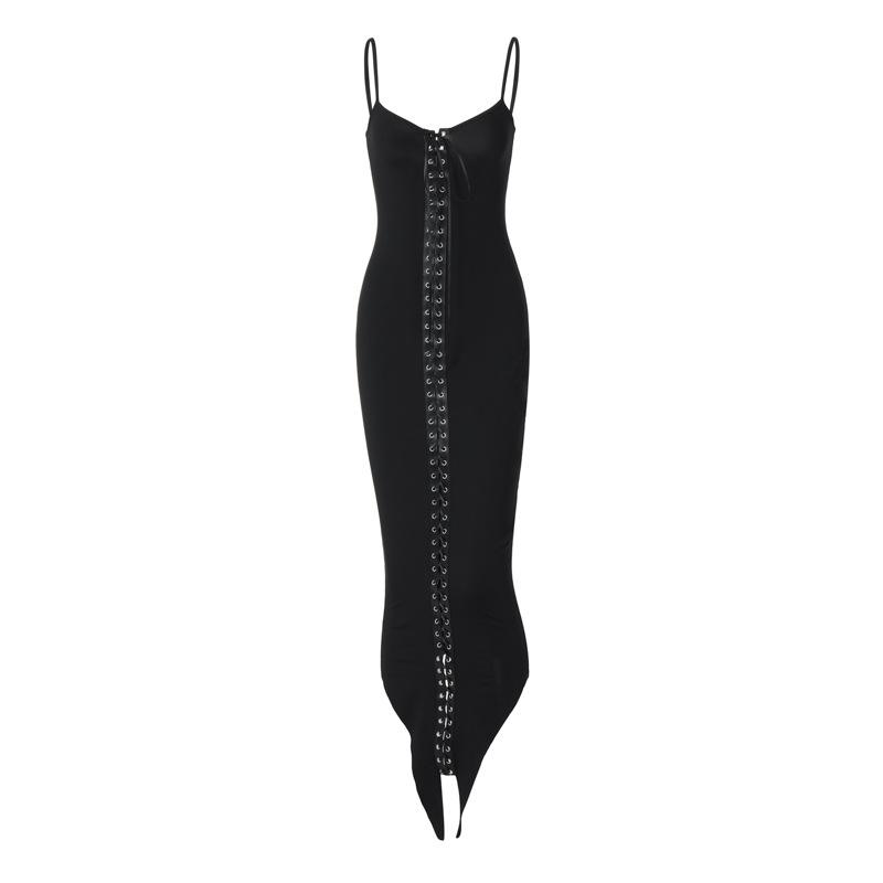 Lace up PU leather patchwork cami midi dress