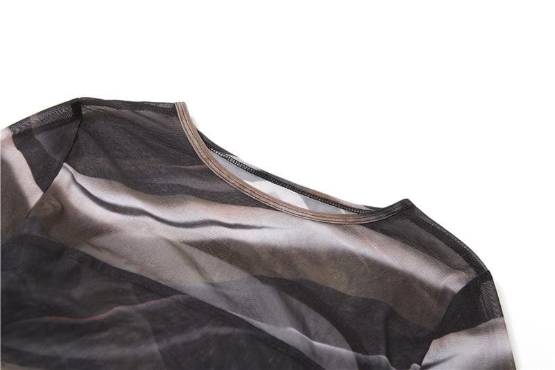Sheer mesh contrast print long sleeve see through backless crop top