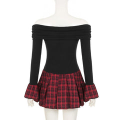 Off shoulder long sleeve plaid fluffy mini dress