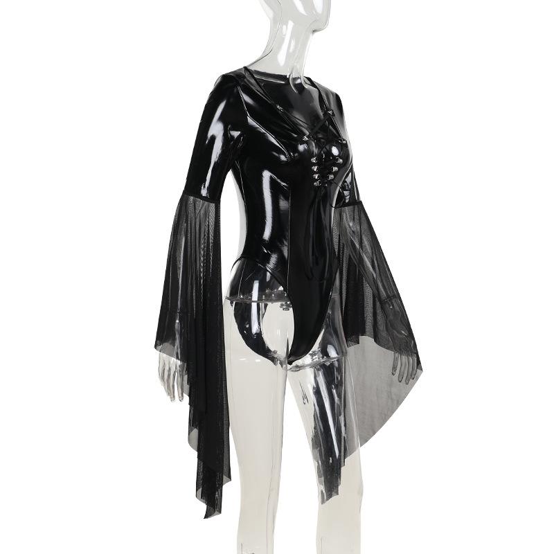 Long flared sleeve PU leather cross front bodysuit