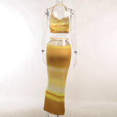 Halter contrast gradient hollow out cowl neck midi skirt set