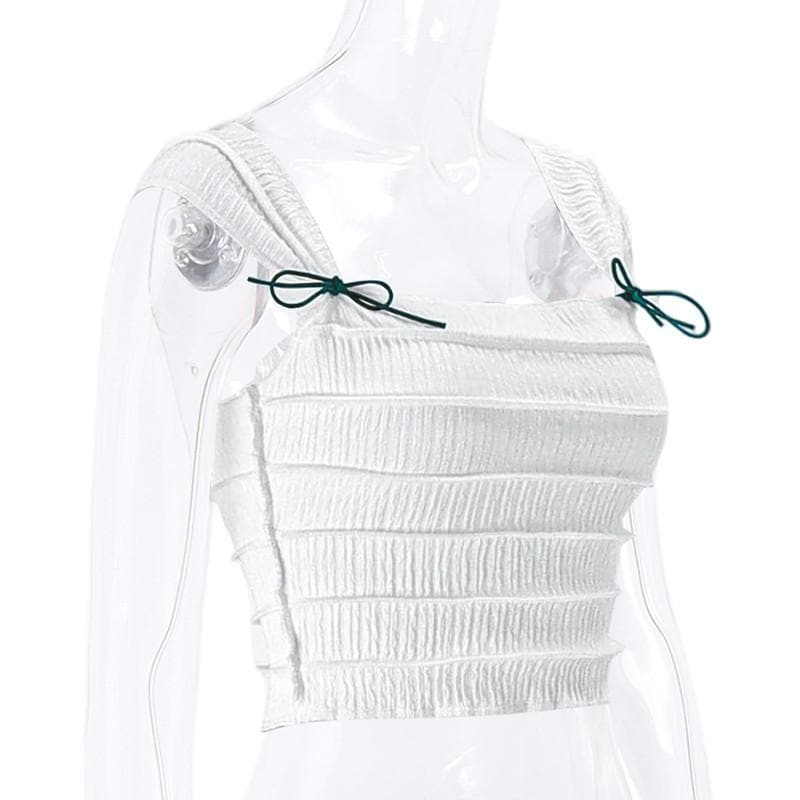 Stitch textured square neck sleeveless solid crop top