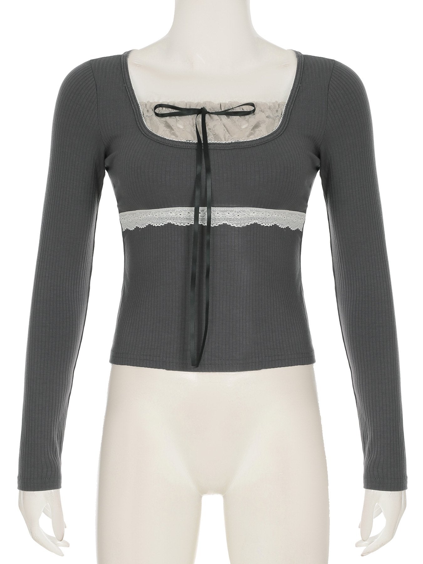 Long sleeve patchwork lace hem bowknot ruched top